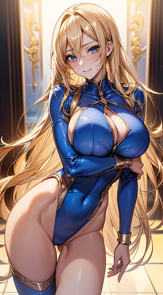 ((masterpiece)), ((high quality)), ((super detailed)), ((high resolution)) , ((8k)),a beautiful woman, ((She is one of the most famous actress in Japan.)), unparalleled beauty, ((large breast:1.4)), ((large ass)), ((deep cleavage)), slim waist, chest out, ultra detailed face, perfect skin, (((waist length hair, ((long straight golden hair)), crossed bangs))), blue eyes, detailed eyes, whole body image, sexy, an inviting smile, sensual, (((anime))), ((glamorous)), sexual attraction ,23 years old, ((incredibly beautiful woman)), ((The H cup bust)), ((((sexy pose)))), ((neat and clean.)) , (((Power Ranger))), heroine, (((high leg leotard power suit, white line on blue colored power suit:1.4, Reinforced power suit))), ((beautiful breasts)), beautiful legs, 8 life size, anime:1.4, wet, the most beautiful and strongest, ((charm)), ((gravure pose)),((british beauty)),
