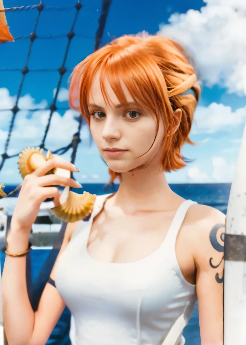 (masterpiece), (realistic), (ultra detailed), ( high reest quality), (photorealistic), (perfect face), (perfect anatomy), woman, female, solo, Swede, Swede , nami from one piece, nami, short haircut, orange hair, short haircut with side bangs, (((part of her hair is tied back))), wearing a white top, wearing black trousers, there is a tattoo on the left hand, the character has large breasts, The character's left hand wears a compass watch, The character's right hand is holding a sea snail, behind the character is a sailing ship net and a white wooden fence