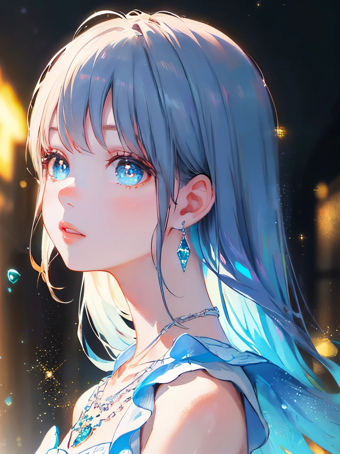 masterpiece, highest quality, figure, Sax Blue, platinum earrings, Platinum Necklace, white dress, 1 girl、cute, (dynamic lighting:1.2), cinematic lighting, delicate features, fine eyes, sharp pupils, realistic student, Depth of bounds written, Bokeh, sharp focus, (very detailed, bloom, shine:1.4), Many Small Gems、Absolute reference to center、