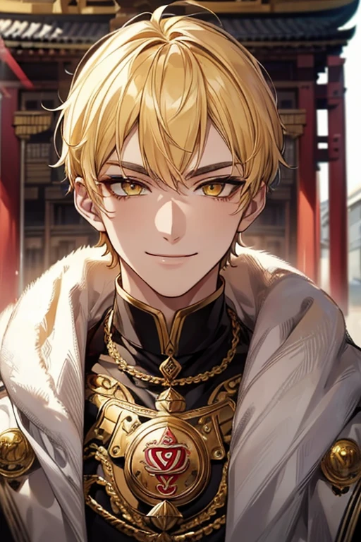 (muste piece), (best quality), extremely detailed, 1 man, solo, perfect face, pretty face, highly detailed face,yellow short hair, yellow eyebrows、Handsome man with expressive eyes, smiling, yellow eyes、(((temple)))、