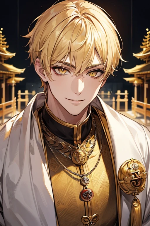 (muste piece), (best quality), extremely detailed, 1 man, solo, perfect face, pretty face, highly detailed face,yellow short hair, yellow eyebrows、Handsome man with expressive eyes, smiling, yellow eyes、(((temple)))、