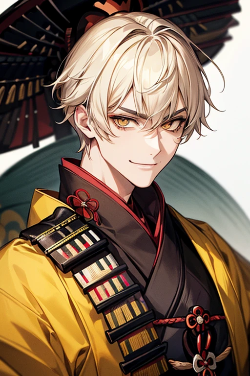 (muste piece), (best quality), extremely detailed, 1 man, solo, perfect face, pretty face, highly detailed face,yellow short hair, yellow eyebrows、Handsome man with expressive eyes, smiling, yellow eyes、(((Shogun)))、