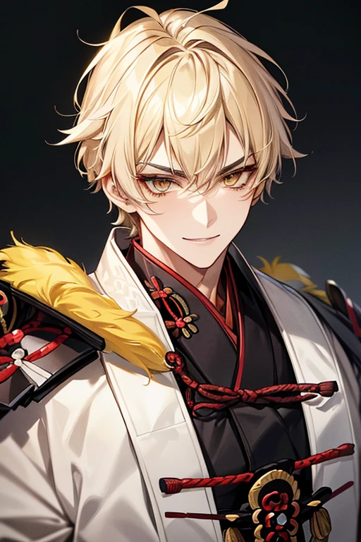 (muste piece), (best quality), extremely detailed, 1 man, solo, perfect face, pretty face, highly detailed face,yellow short hair, yellow eyebrows、Handsome man with expressive eyes, smiling, yellow eyes、(((Shogun)))、