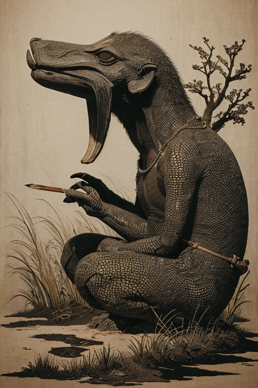 ((Chojugiga)), ((Shihon Bokuga)), antique, (anthropomorphism), (Sumi-e), Monochrome art, (Old paper style illustration), (hunting paintingural style, Little monster, old performance, variational pointillism, flat illustration, eerie, horror elements, eerie worldview, (primitive art), Outline warm color, old picture scroll style, old staging, Ancient mural style