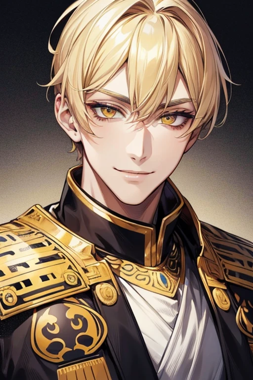 (muste piece), (best quality), extremely detailed, 1 man, solo, perfect face, pretty face, highly detailed face,yellow short hair, yellow eyebrows、Handsome man with expressive eyes, smiling, yellow eyes、(((emperor)))、
