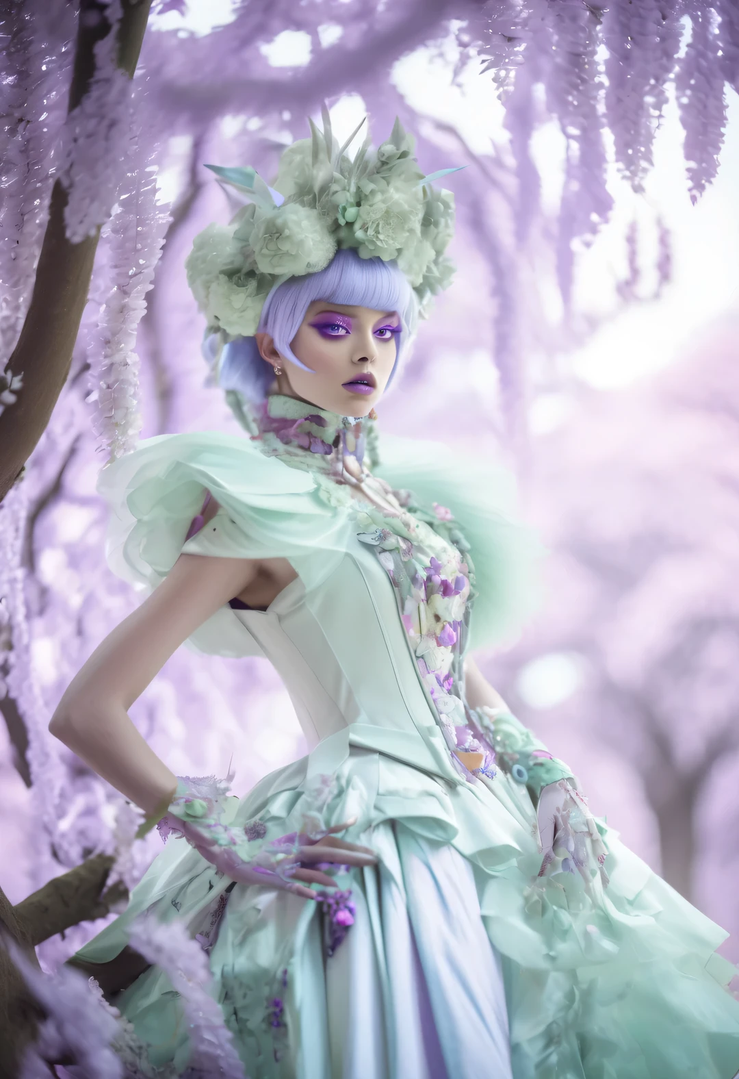 Ethereal Rococo Futurism ::3 Whimsical things in the park ::7 white, mint green, lilacs, Creamsicle ::2 Minimalism, Cybergoth Fashion Photography, smokey eye shadow, glowing eyes, Mist Haute Couture Aether Clothing ::5 beautiful trees, Detailed natural outdoor park, people and plants around ::4 bright colors, Depth of field fluctuations, subsurface scattering, Ethereal movie lighting, backlight ::5 -- with 4:5 --Style 2EFTia4Aay23KZ