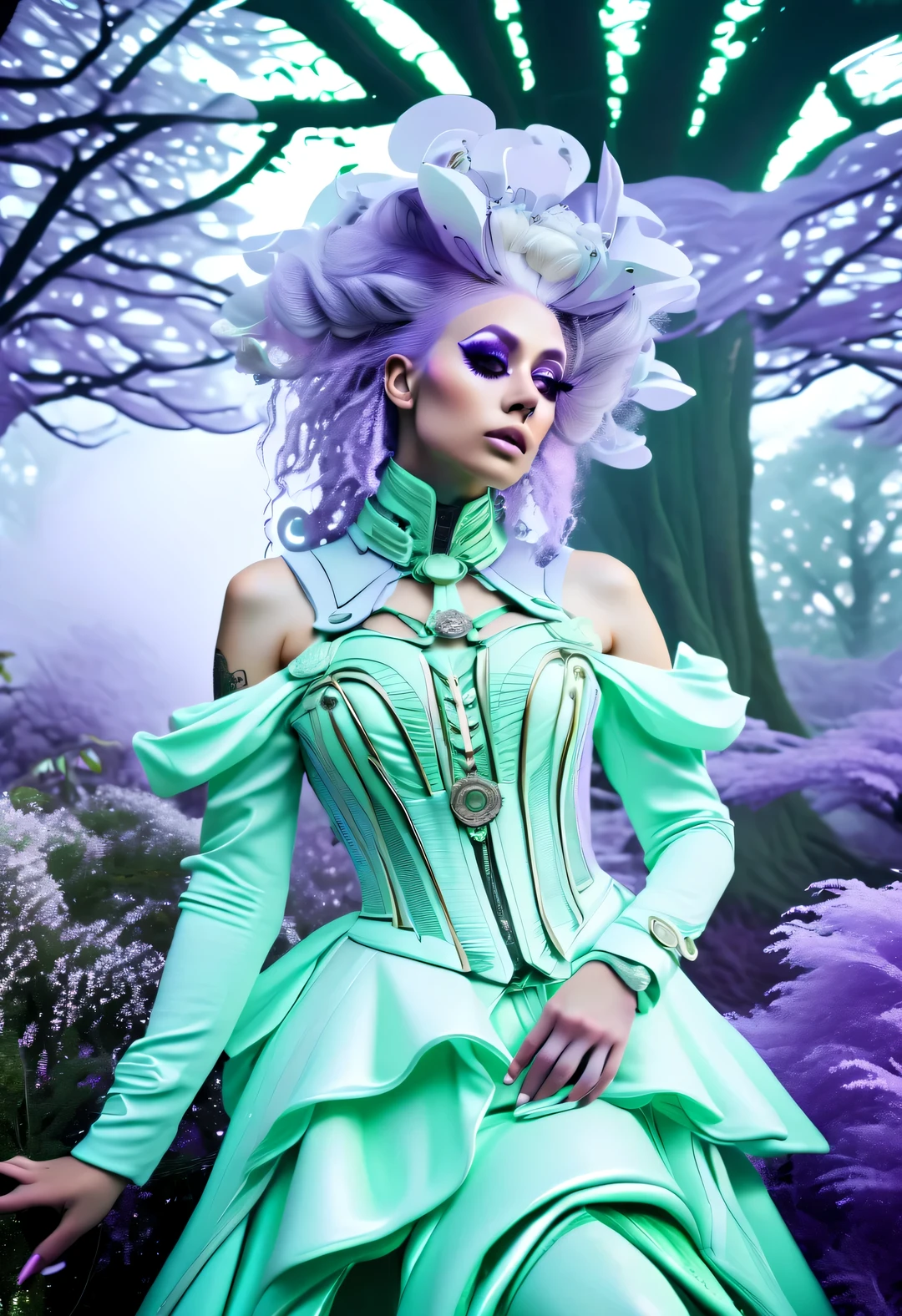 Ethereal Rococo Futurism ::3 Whimsical things in the park ::7 white, mint green, lilacs, Creamsicle ::2 Minimalism, Cybergoth Fashion Photography, smokey eye shadow, glowing eyes, Mist Haute Couture Aether Clothing ::5 beautiful trees, Detailed natural outdoor park, people and plants around ::4 bright colors, Depth of field fluctuations, subsurface scattering, Ethereal movie lighting, backlight