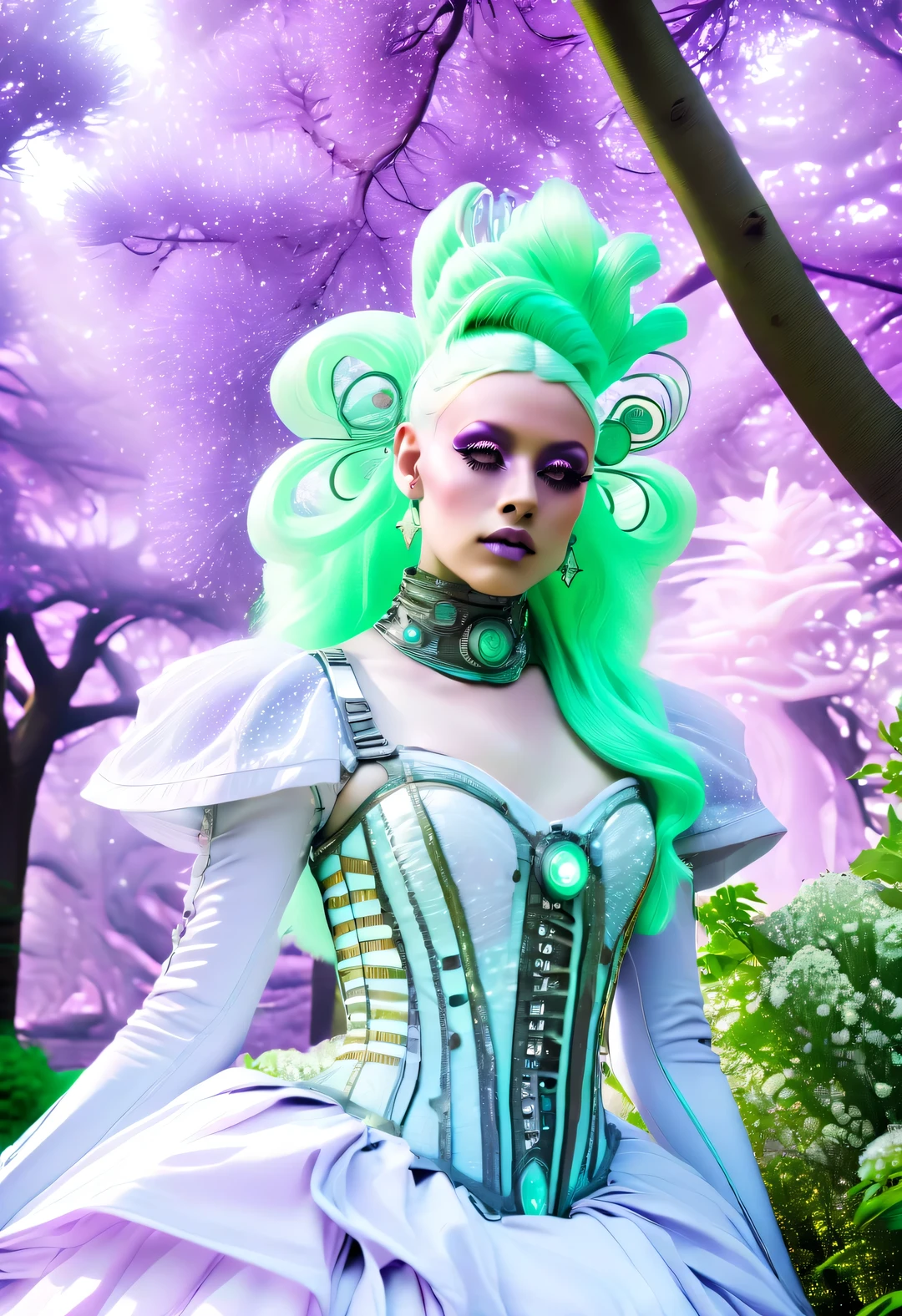 Ethereal Rococo Futurism ::3 Whimsical things in the park ::7 white, mint green, lilacs, Creamsicle ::2 Minimalism, Cybergoth Fashion Photography, smokey eye shadow, glowing eyes, Mist Haute Couture Aether Clothing ::5 beautiful trees, Detailed natural outdoor park, people and plants around ::4 bright colors, Depth of field fluctuations, subsurface scattering, Ethereal movie lighting, backlight