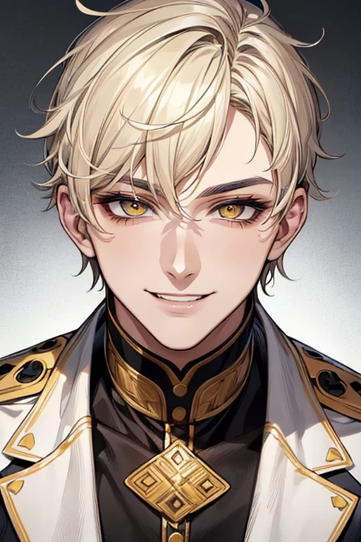 (muste piece), (best quality), extremely detailed, 1 man, solo, perfect face, pretty face, highly detailed face,yellow short hair, yellow eyebrows、Handsome man with expressive eyes, smiling, yellow eyes、(((Duca)))、