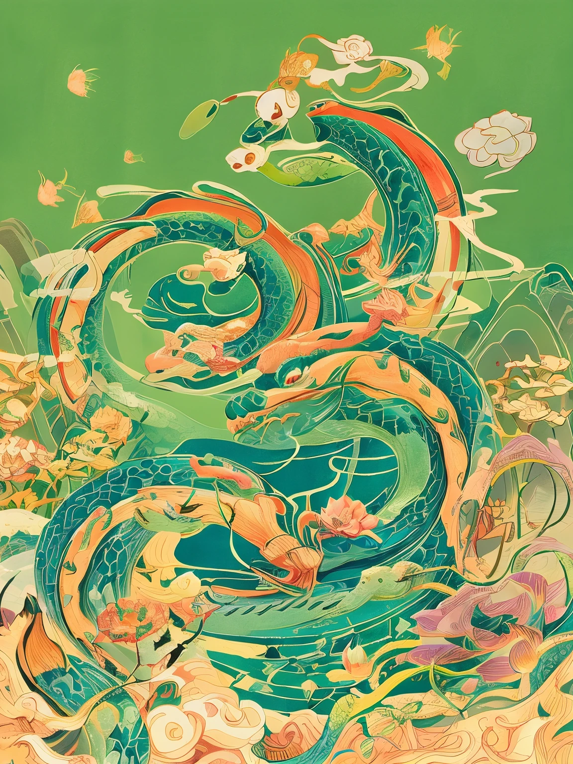 Snakes and lotus leaves are combined to form a picture, National trend art, stylized lines, Inspired by Haruki Murakami, Line art illustration, watercolor画, strong line art, ink artwork, Official illustration, Detailed vector illustration, color illustration, detailed digital drawing, comic book illustration，watercolor，Traditional Chinese illustration，no one showed up，There are white snakes and green snakes，Related to the legend of White Snake，west lake，Detailed，