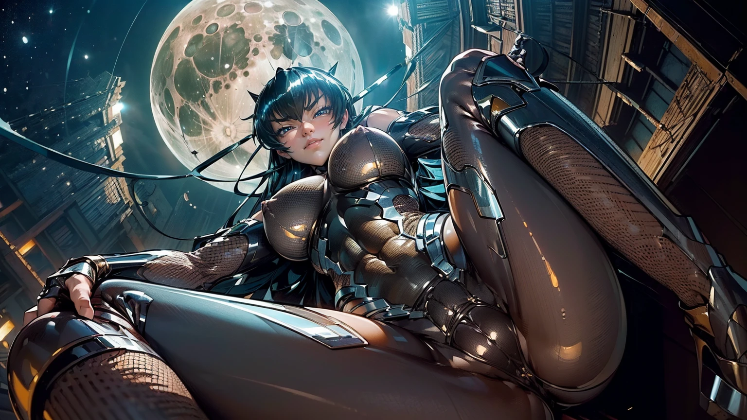 (1girl:1.5),(concept art:1.0),(Taimanin Asagi style:1.3),woman wearing a bodysuit,(big eyes:1.3),(beautiful face:1.3),(thin smile),(The background is the moon:1.1)(from below),(Crouching),(spread your legs),(showing off crotch),masterpiece,8K