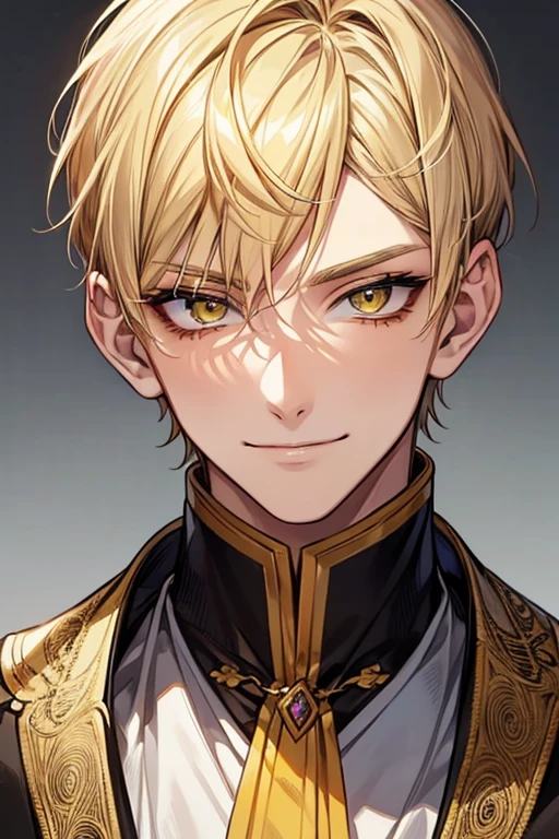 (muste piece), (best quality), extremely detailed, 1 man, solo, perfect face, pretty face, highly detailed face,yellow short hair, yellow eyebrows、Handsome man with expressive eyes, smiling, yellow eyes、(((Amekazi)))、