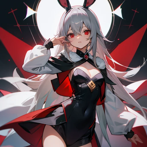 anime, girl, gray hair, White rabbit ears, Black costume, red eyes