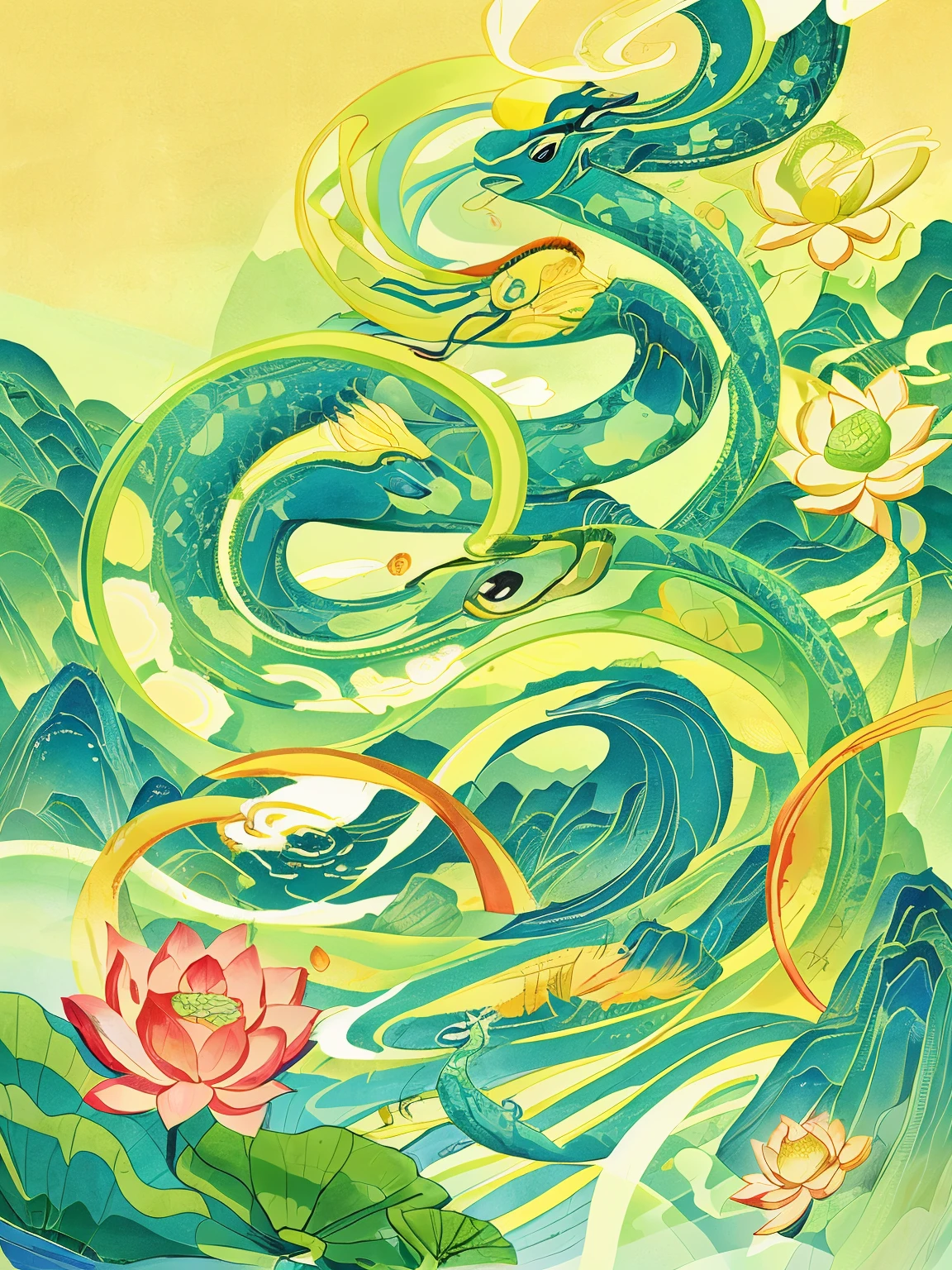 Snakes and lotus leaves are combined to form a picture, National trend art, stylized lines, Inspired by Haruki Murakami, Line art illustration, watercolor画, strong line art, ink artwork, Official illustration, Detailed vector illustration, color illustration, detailed digital drawing, comic book illustration，watercolor，Traditional Chinese illustration，no one showed up，There are white snakes and green snakes，