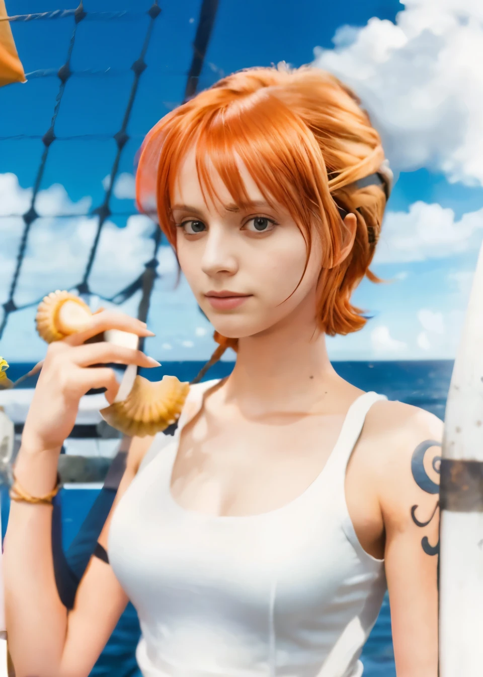 (masterpiece), (realistic), (ultra detailed), ( high reest quality), (photorealistic), (perfect face), (perfect anatomy), woman, female, solo, Swede, Swede , nami from one piece, nami, short haircut, orange hair, short haircut with side bangs, (((part of her hair is tied back))), wearing a white top, wearing black trousers, there is a tattoo on the left hand, the character has large breasts, The character's left hand wears a compass watch, The character's right hand is holding a sea snail, behind the character is a sailing ship net and a white wooden fence