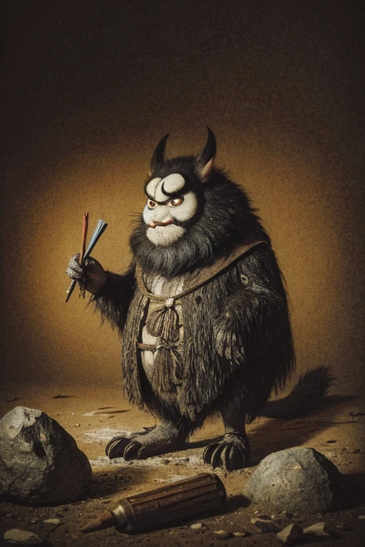 ((Chojugiga)), ((Shihon Bokuga)), antique, (anthropomorphism), (Sumi-e), Monochrome art, (Old paper style illustration), (hunting paintingural style, Little monster, old performance, variational pointillism, flat illustration, eerie, horror elements, eerie worldview, (primitive art), Outline warm color, old picture scroll style, old staging, Ancient mural style