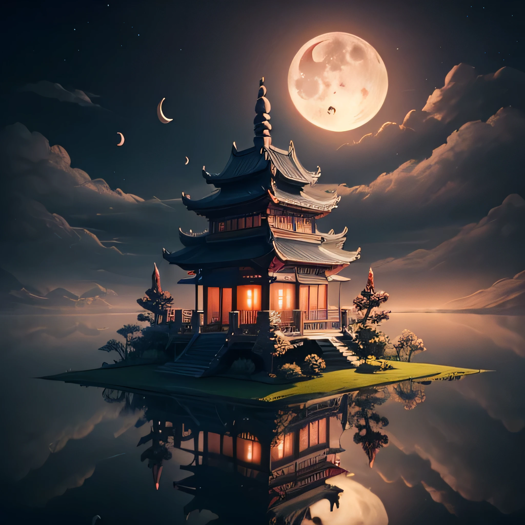 Asiatic Temple,(Paper carving:1.5),Tilt-Shift, (Sea of dark clouds:1.3), (night sky with moon:1.3), (peach colour:1.2), (Ponds:1.3),Inverted image,sparkling,blue tones,soft lighting,Oriental elements, dreamy, pastel shades, bright colors, Traditional Chinese color scheme., ( Reasonable design, crisp lines, High sharpness,Best quality, very detailed, masterpiece, Official art, Film Light Effect, 4K ), Dark Fantasy