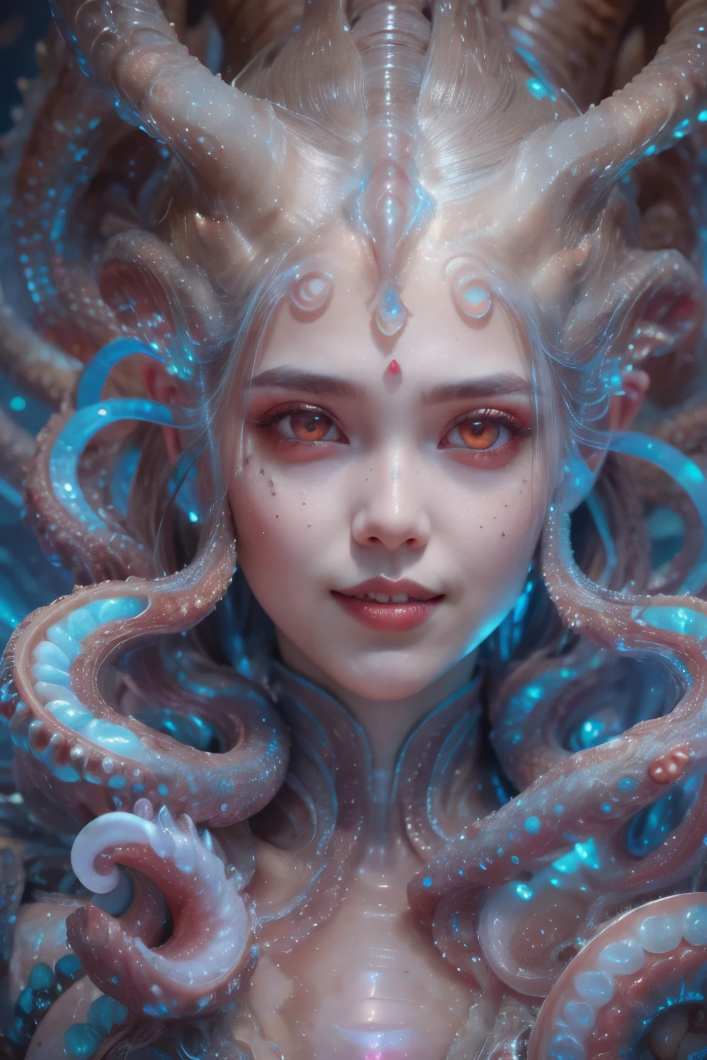 scary and sexy detailed art in color, Portrait, (beautiful and obscene female alien:1.4), (vulgarity1.7), (she has red eyes with no pupils:1.8), (Translucent white skin:1.7), (There is a female genital-like organ in the middle of the forehead:1.9), (The most beautiful face in the history of the universe:1.2),an evil gaze that seduces, (large mouth:1.1), (sharp teeth like a vampire:1.2), Full body portrait, (bio luminescent:1.5), (Smile wickedly:1.3), (sexypose:1.5), alien, No humans, cells are fused, (Lots of translucent tentacles:1.3) extraterrestrial, cell, bio image, best quality, 8K, In 4K_quality, High freshness, Dramatic Lighting, masutepiece:1.5,cinematic quality, detail up, (exquisite details:1.2), high resolution, High freshness, drawing faithfully, (Thick eyebrows:1.2), Beautiful eyes with fine symmetry,(Highly detailed face and eyes:1.2), Intimate face, (Super detailed skin quality feeling:1.4), perfect anatomy, (Beautiful toned body:1.5), (Moist skin:1.2), not wearing makeup, (dark circles:1.1), long canines, cinematic drawing of characters, ultra high quality model, cinematic quality, detail up, (exquisite details:1.2), high resolution, High freshness, drawing faithfully, official art, Unity 8K Wall paper, best quality, Very high resolution, ultra detailed artistic photography, midnight aura, unreal engine 5, Ultra Sharp Focus, art by Amano Yoshitaka, ArtGerm, Roisch, intricate artwork, best quality, masterpiece, ultra high resolution, (photos realistic:1.4), ultra realistic realism, dream-like, nautilus, Creation of fantasy, Snail, Dream Snail, (biopunk nautilus:1.3),Thrilling color schemes, ultra realistic realism, seductively smiling, Blue tentacles, Amazing mutation, well-proportioned body, goddess of the deep sea
