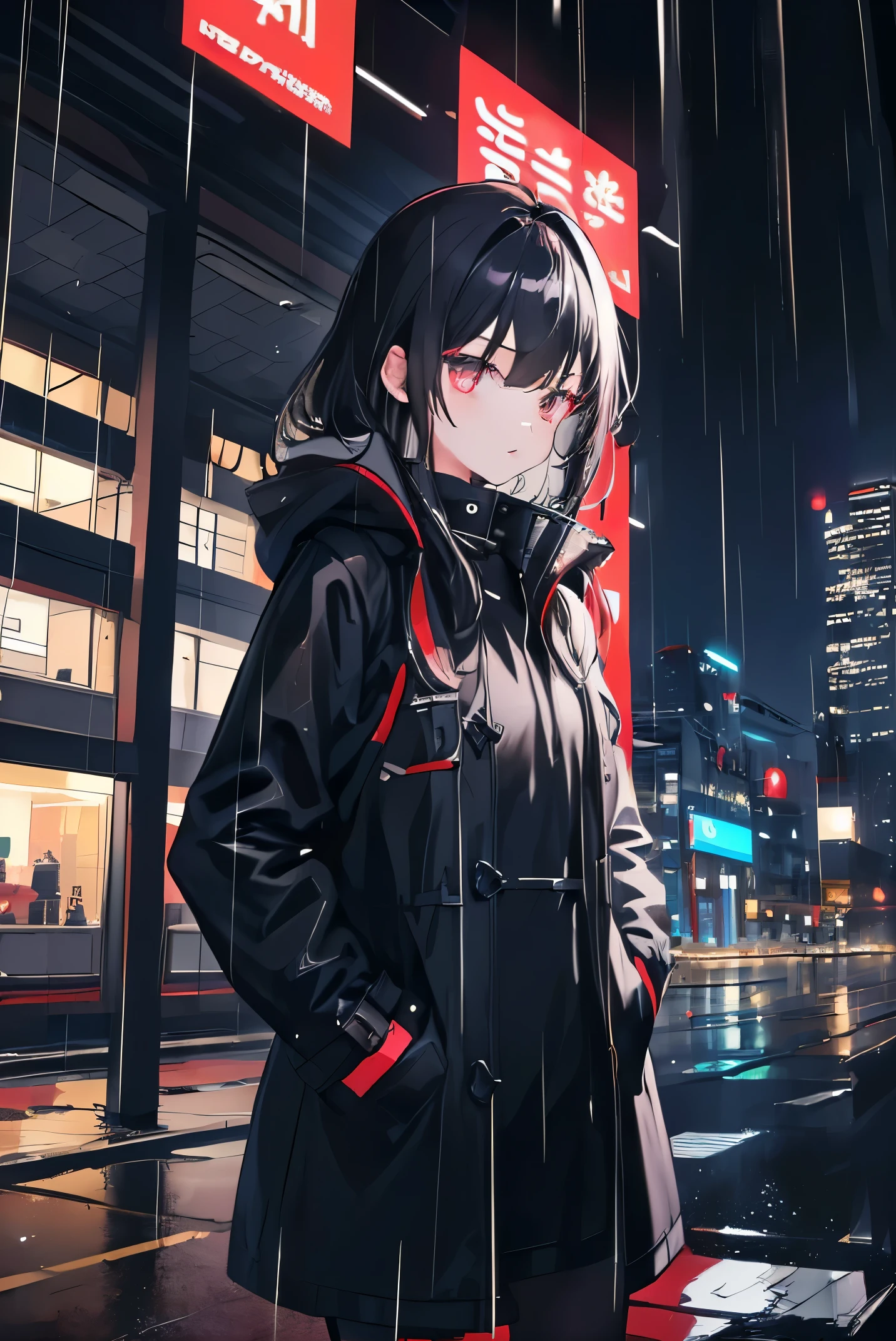 (masterpiece, 4K resolution, surreal, Very detailed), (Red black costume superhero theme, Attractive, Girl at the top of the city, ), [((19 years old), (Long black hair:1.2), whole body, (Crimson eyes:1.2),  ((Resilient  environment):0.8)| (city View, at night, dynamic lightull moon))]