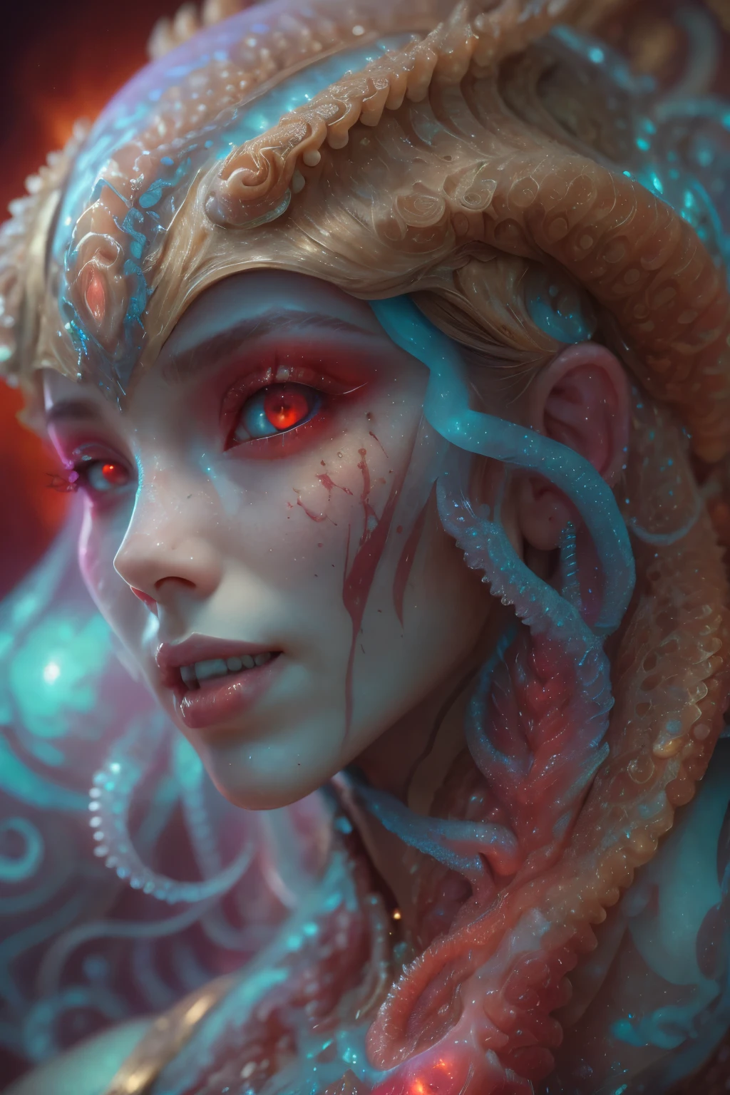 scary and sexy detailed art in color, Portrait, (beautiful and obscene female alien:1.4), (vulgarity1.7), (she has red eyes with no pupils:1.8), (Translucent skin:1.7), (There is a female genital-like organ in the middle of the forehead:1.9), (The most beautiful face in the history of the universe:1.2),an evil gaze that seduces, (large mouth:1.1), (sharp teeth like a vampire:1.2), Full body portrait, (bio luminescent:1.5), (Smile wickedly:1.3), (sexypose:1.5), alien, No humans, cells are fused, (Lots of translucent tentacles:1.3) extraterrestrial, cell, bio image, best quality, 8K, In 4K_quality, High freshness, Dramatic Lighting, masutepiece:1.5,cinematic quality, detail up, (exquisite details:1.2), high resolution, High freshness, drawing faithfully, (Thick eyebrows:1.2), Beautiful eyes with fine symmetry,(Highly detailed face and eyes:1.2), Intimate face, (Super detailed skin quality feeling:1.4), perfect anatomy, (Beautiful toned body:1.5), (Moist skin:1.2), not wearing makeup, (dark circles:1.1), long canines, cinematic drawing of characters, ultra high quality model, cinematic quality, detail up, (exquisite details:1.2), high resolution, High freshness, drawing faithfully, official art, Unity 8K Wall paper, best quality, Very high resolution, ultra detailed artistic photography, midnight aura, unreal engine 5, Ultra Sharp Focus, art by Amano Yoshitaka, ArtGerm, Roisch, intricate artwork, best quality, masterpiece, ultra high resolution, (photos realistic:1.4), ultra realistic realism, dream-like, nautilus, Creation of fantasy, Snail, Dream Snail, (biopunk nautilus:1.3),Thrilling color schemes, ultra realistic realism, seductively smiling, Blue tentacles, Amazing mutation, well-proportioned body, goddess of the deep sea