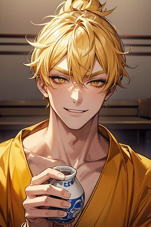 ((Best Quality)), (detailed), 1 adult boy, arete, pink lips, Approach, look at the viewer, yellow blonde hair, green eyes, short straight hair with long bangs, smile softly, very handsome, White background, Toned body, white tea, ((tender)). shirtless.