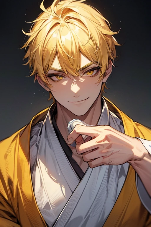 (muste piece), (best quality), extremely detailed, 1 man, solo, perfect face, pretty face, highly detailed face，yellow short hair, yellow eyebrows、Handsome man with expressive eyes, smiling, yellow eyes、(((Sake Drinker Doji))、