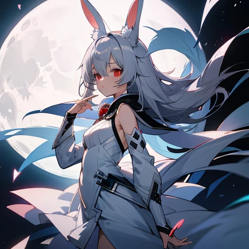 anime, girl, gray hair, White rabbit ears, White costume, red eyes, Moonlight night, full moon