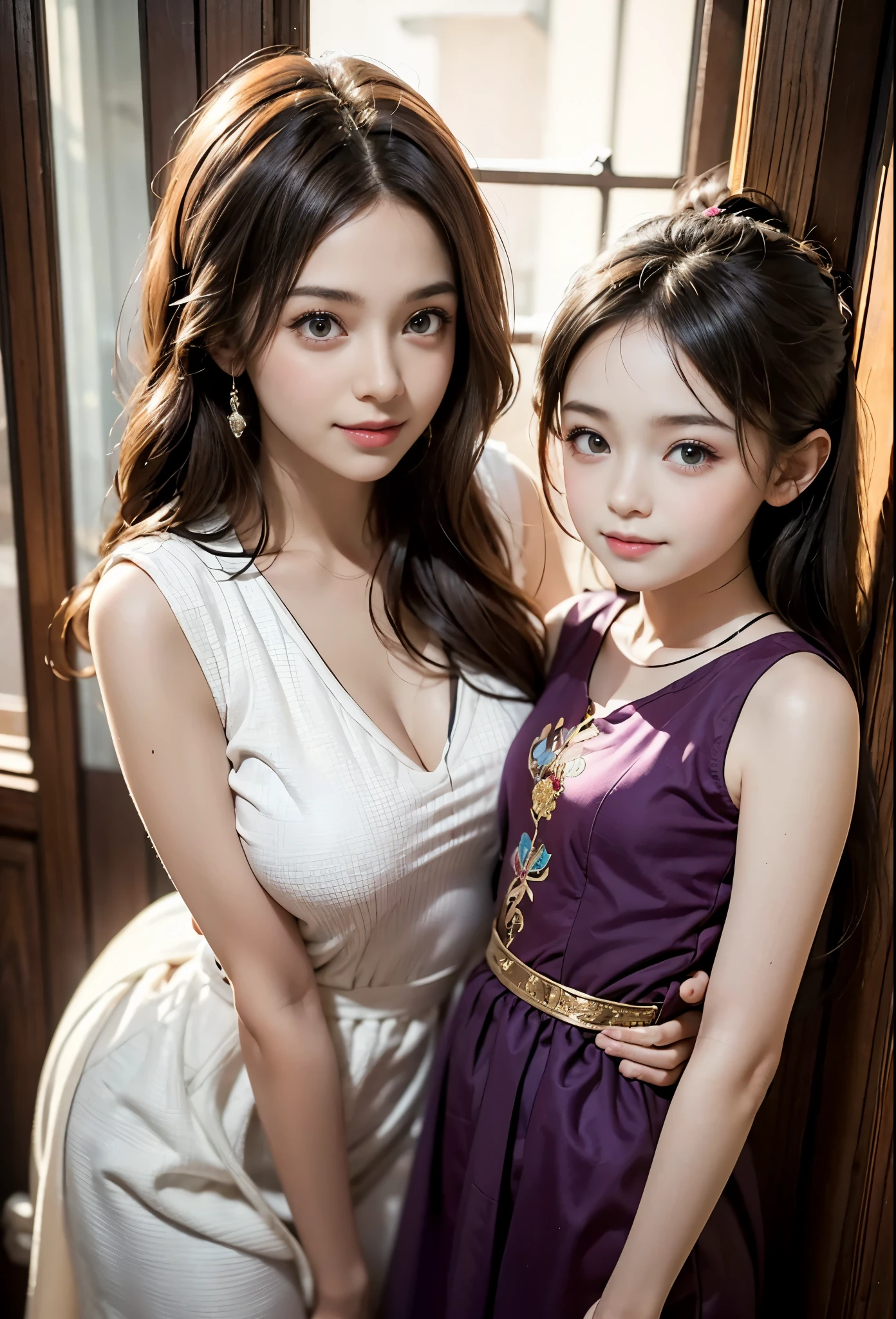 best quality，masterpiece，ultra high resolution，（Fidelity：1.4），original photo，Smile，2 girls，25-year-old woman and ***************，ladies and ***********s, mother and daughter,，charming，