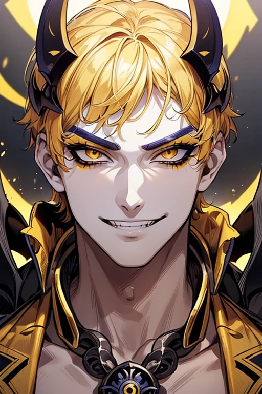 (muste piece), (best quality), extremely detailed, 1 man, solo, perfect face, pretty face, highly detailed face,yellow short hair, yellow eyebrows、Handsome man with expressive eyes, smiling, yellow eyes、(((Hades))、