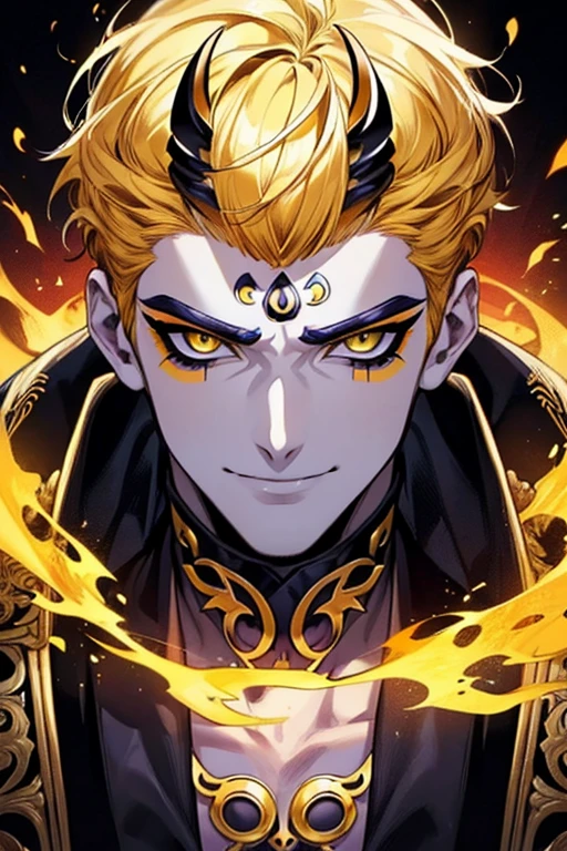 (muste piece), (best quality), extremely detailed, 1 man, solo, perfect face, pretty face, highly detailed face,yellow short hair, yellow eyebrows、Handsome man with expressive eyes, smiling, yellow eyes、(((Hades))、