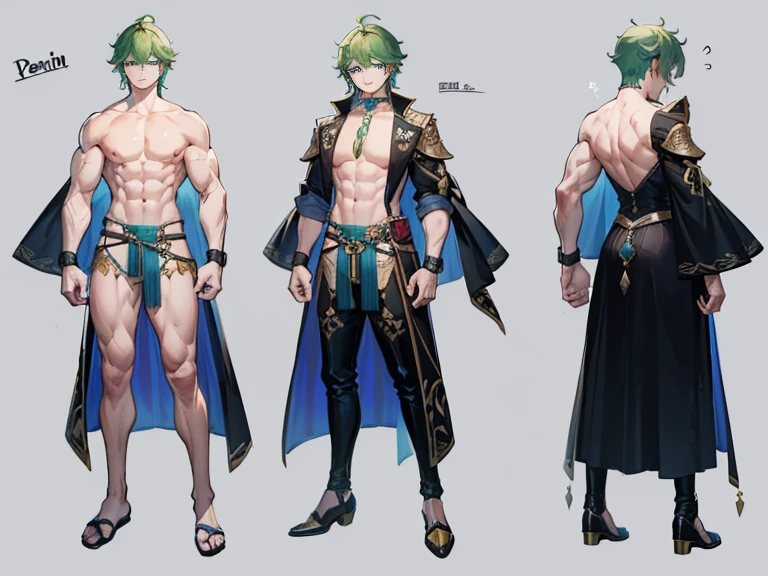 ((masterpiece, top quality)), male, boy, Detailed face, Character Design Sheet, full body, lesbian, Full of details, Front view of the body, back view of the body, very detailed, Depth, Many parts, Muscle boy with long green hair with long bangs,handsome, Muscular body, vampire clothing, Genshin's influence, The man is tall, pectoral muscles, press