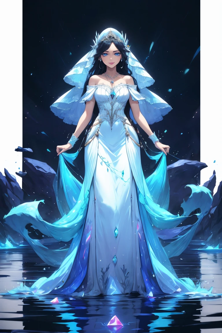 wrenchfaeflare, glowing, 1girl, embroidery, accessories, necklace, earrings, geometric pattern, white theme, white dress, light smile, black hair, veil, blue eyes, reflection, water, gem, long hair, floating hair,