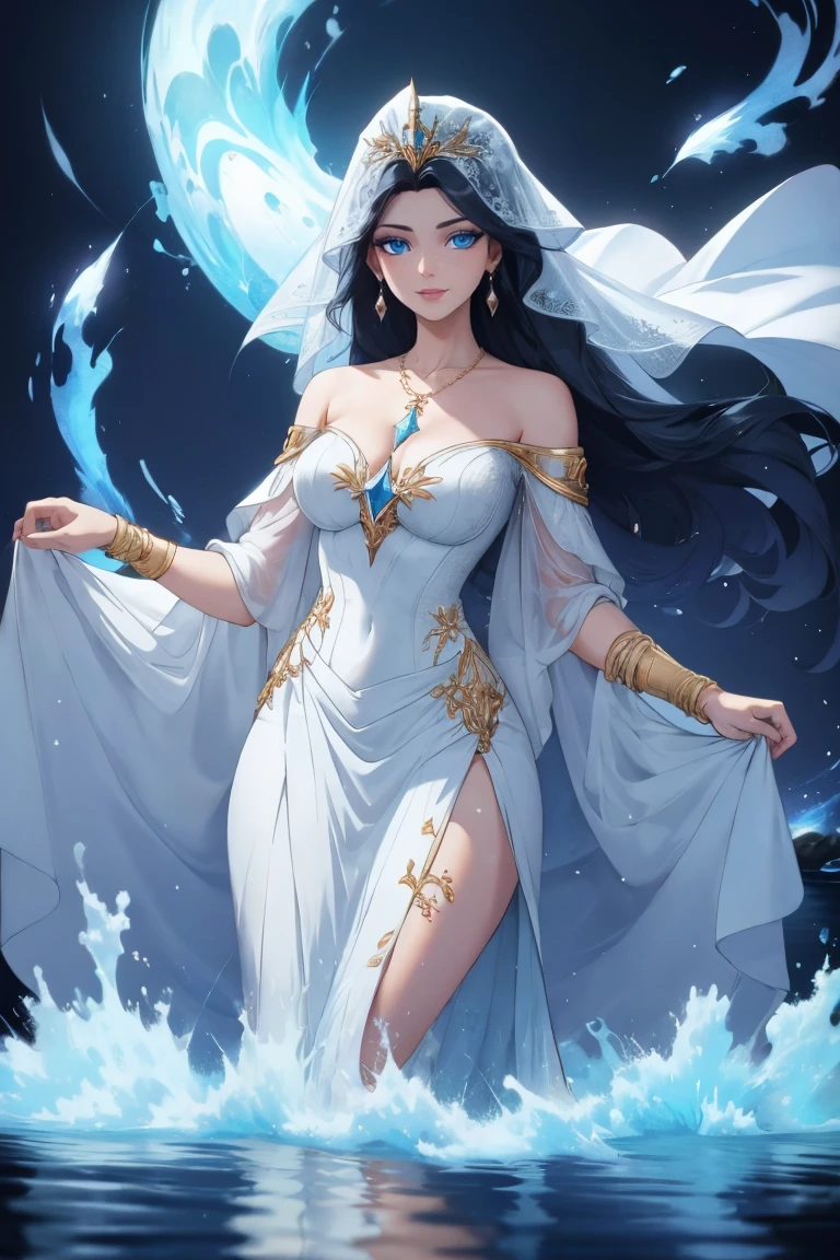 wrenchfaeflare, glowing, 1girl, embroidery, accessories, necklace, earrings, geometric pattern, white theme, white dress, light smile, black hair, veil, blue eyes, reflection, water, gem, long hair, floating hair,