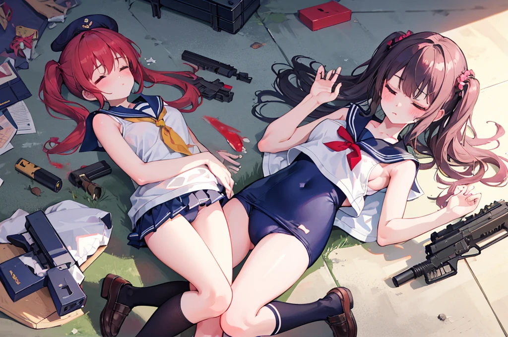 multiple girls, 3 girls, laying on person, closed eyes, school swimsuit, sailor collar, clone girls, high socks, loafer, holding gun, corpse, injury, dirty, bleed, aligned in a row