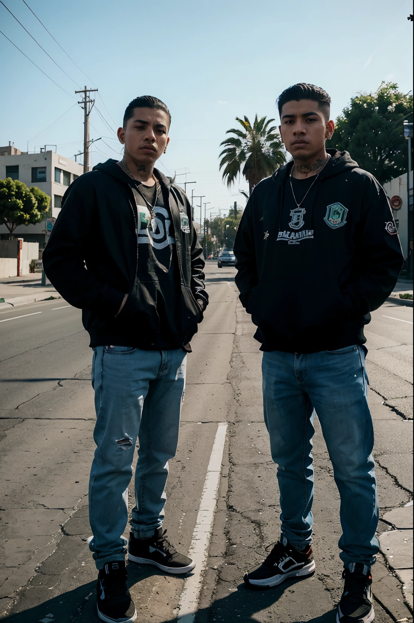 young Mexican rap gangsters stand on the side of the road in Los Angeles, cinematic, photorealistic, HD, wide angle shot, GTA style