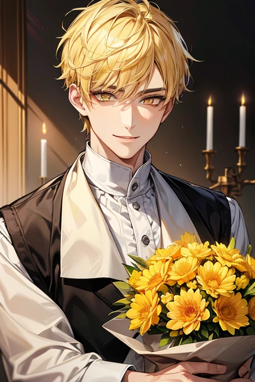(muste piece), (best quality), extremely detailed, 1 man, solo, perfect face, pretty face, highly detailed face，yellow short hair, yellow eyebrows、Handsome man with expressive eyes, smiling, yellow eyes、(((flower arrangement))、