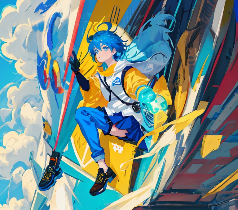 Close-up of a cartoon girl with blue hair and gloves, full body commission for, oc commission, commission for high resolution, commission art, commissions for, commission, Anime Mo art style, official fanart, Author：Master of Han Chinese, official character art, Official illustration of the character, painttoolssai!! blue, winner of the pixiv competition, 2D anime style