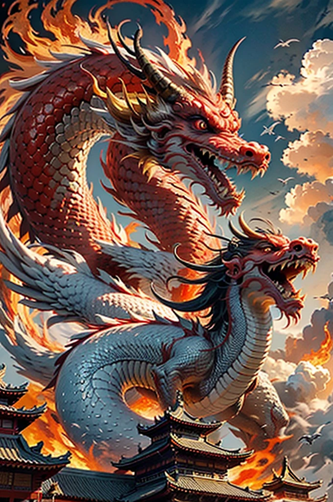 Best quality,masterpiece,ultra high res,nu no humans, (long:1.2),no humans, cloud, architecture, east asian architecture, red eyes, horns, open mouth, sky, fangs, eastern dragon, cloudy sky, teeth, flying, fire, bird, wings
