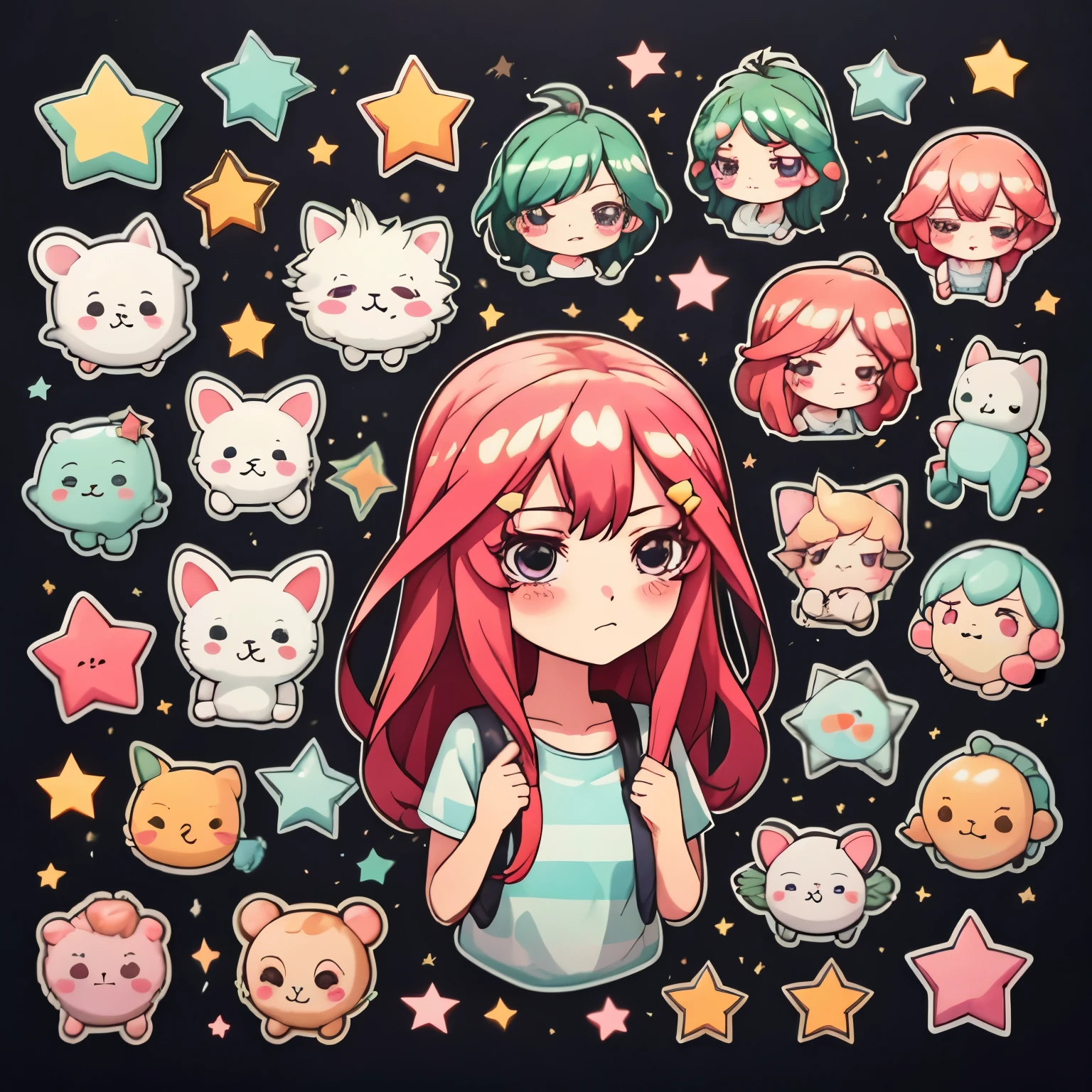 Multiple stickers, 1 girl, solo, sticker, (cute) , stars, white background, no background,  background, minimal, cute, tiny, pastel color, vector style, no gradient, simple stickers, itsuki nakano, itsuki nakano head, long red hair, fluffy hair, parkling blue eyes, star shaped hairpins, itsuki nakano sticker, Itsuki Nakano, long fluffy red hair, blue eyes, nakano_itsuki, star hairclips, 5 pointed star hairclips, Itsuki, star hair ornaments