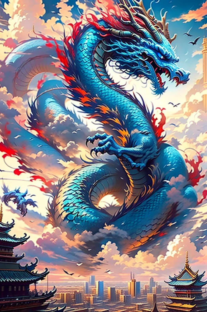 Best quality, masterpiece, ultra high res, nu no humans, (long:1.2),no humans, cloud, architecture, east asian architecture, Blue Eyes, horns, open mouth, sky, fangs, Blue eastern dragon, cloudy sky, teeth, flying, Wind, bird, wings, Cyberpunk Cityscape