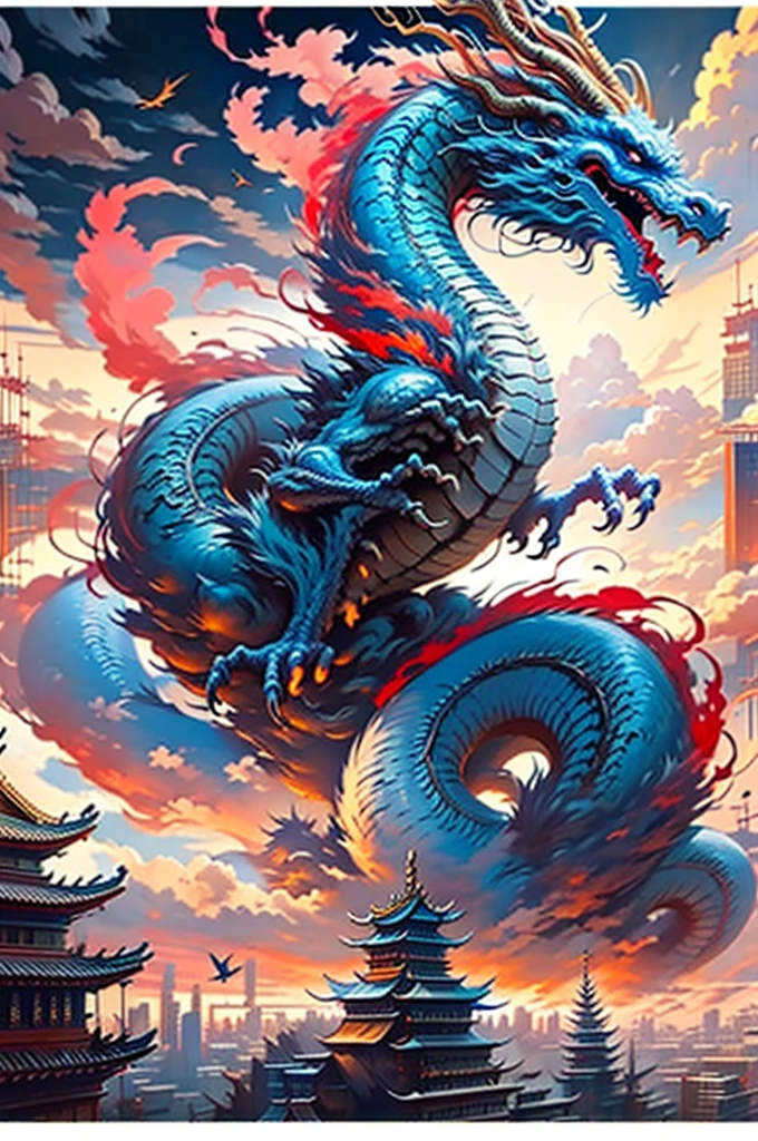 Best quality, masterpiece, ultra high res, nu no humans, (long:1.2),no humans, cloud, architecture, east asian architecture, Blue Eyes, horns, open mouth, sky, fangs, Blue eastern dragon, cloudy sky, teeth, flying, Wind, bird, wings, Cyberpunk Cityscape