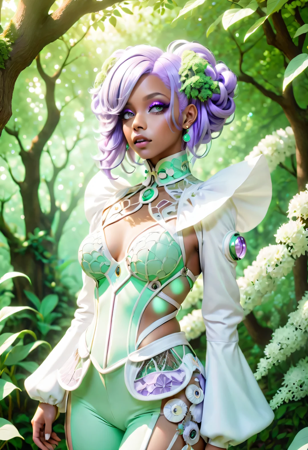 Ethereal Rococo Futurism, Wonderful thoughts in the park, white, mint green, Lavender, (cream color: 0.6), Minimalism, Cybergoth Fashion Photography, smokey eye shadow, Bright Eyes, Advanced Mist-Eternal Ether Clothes, beautiful trees, Detailed natural outdoor park, people and plants around, bright colors, Depth of field fluctuations, subsurfacescattering, Ethereal movie lighting, backlight:: 5-with 4: 5 models 2EFTia4Aay23KZ