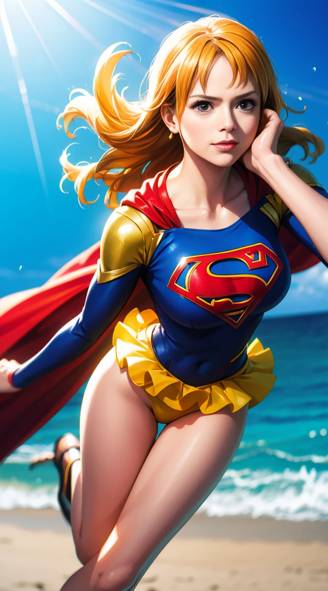 NamiFinal, nami do anime one piece, cabelo laranja, franja, cabelo em um coque, Lindo, Lindo woman, corpo perfeito, seios perfeitos, Superhero Supergirl, terno Supergirl, capa vermelha, S do super-homem no peito, blue swimsuit, saia azul, botas vermelhas, usando brincos, wearing a watch, no Parque, cherry tree, Traditional house Japan, olhando para o espectador, leve sorriso, realismo, obra de arte, couro texturizado, super detalhe, alto detalhe, alta qualidade, melhor qualidade, 1080P, 16k