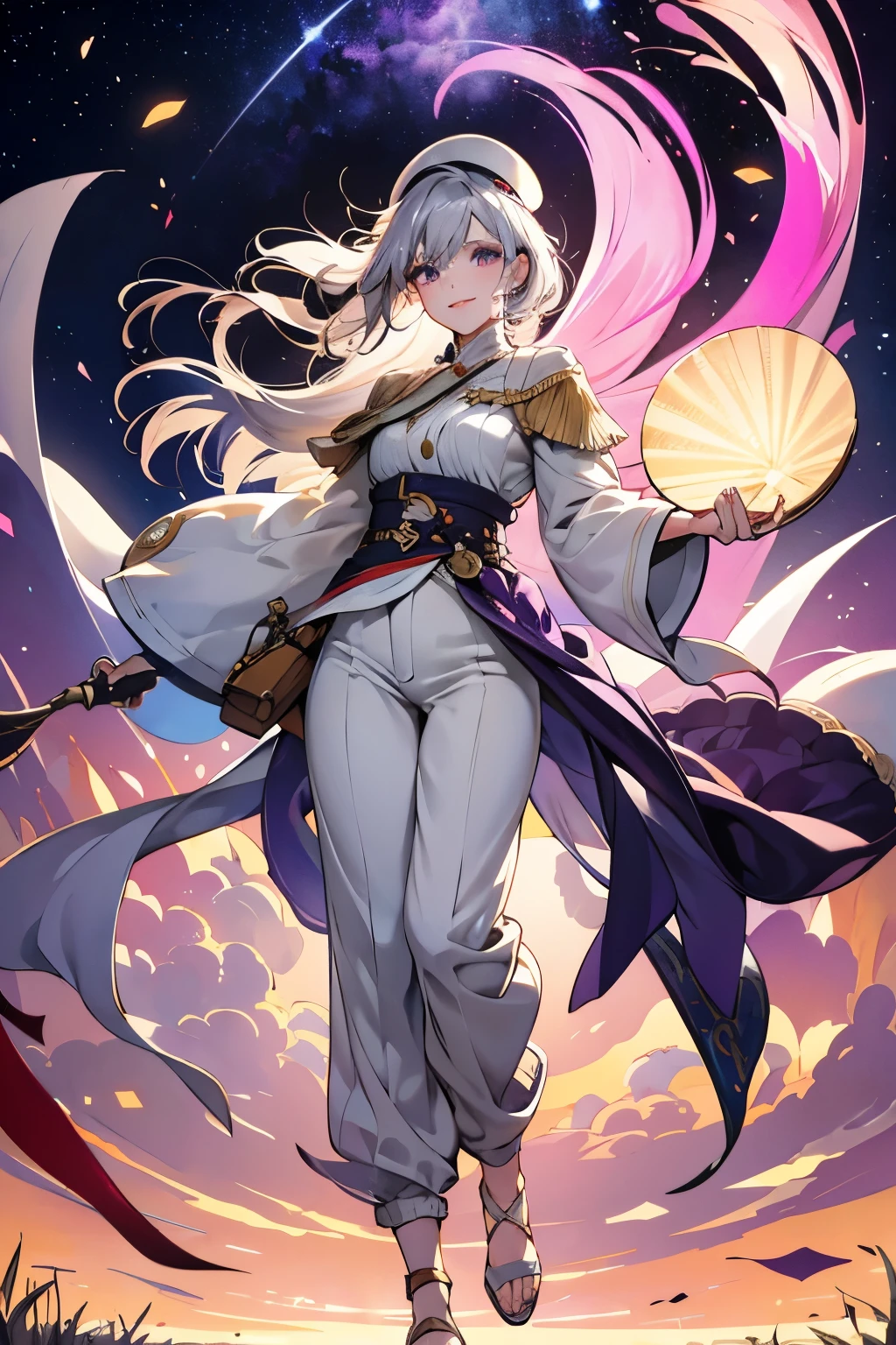 One female、Full body image from head to toe、a defiant smile、pictomancer、painter、A large beret that covers half of the head、He holds a large decorated brush in his right hand.、holding a large pallet in his left hand、straight silver hair、Jade-colored eyes、28 year old woman、Loose clothing that exposes the abdomen、Arabian-style trousers with flared hems、Partially colored clothing with purple and pink dyeing、waving a brush in the air、A background of bright colors in the night sky、