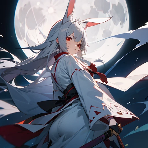 anime, girl, gray hair, White rabbit ears, White costume, red eyes, Moonlight night, full moon, Japanese sword, complaint