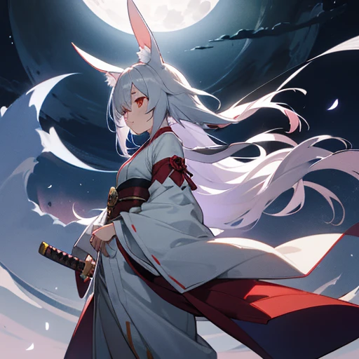 anime, girl, gray hair, White rabbit ears, White costume, red eyes, Moonlight night, full moon, Japanese sword, complaint