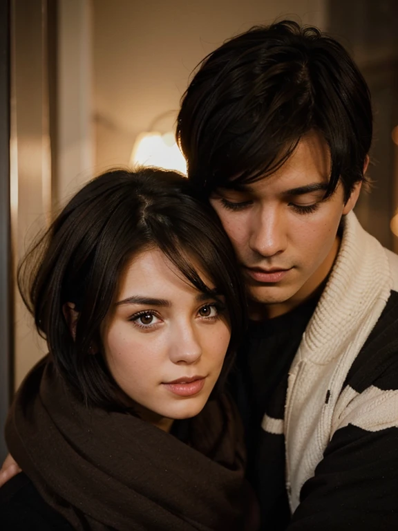beautiful girl with dark brown hair hugging with short black haired man