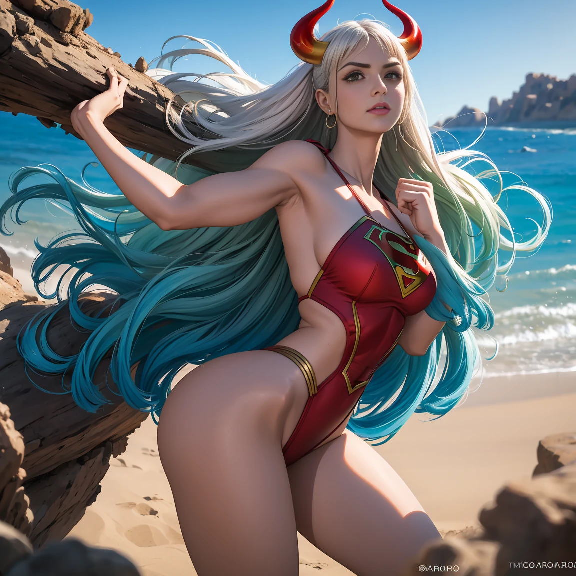 Detalhado cabelo branco longo,  tamanho de arquivo enorme, 1girl, demon girl, Superhero Supergirl, terno Supergirl, capa vermelha, S do super-homem no peito, blue swimsuit, saia azul, botas vermelhas, ultra sexy hiper sedutora, (Desert Oasis:1.1), Rosto extremamente detalhado, Foto RAW, filmic grain, master part, UHD, HDR, skin pores, maquiagem sedutora escura requintada, delineador escuro, buffalo horn with red tips ((longos cabelos brancos)), poses femininas sensuais sem vergonha, ((seios muito firmes)), (((tonificado, Impeccable, encaixe, corpo perfeito e anatomia;))), ((Olhando para o Viewer)), ((hiper sedutor)), profundidade de campo, alto, sexy , realismo, VFX, Volumetric lighting, volumetric light, volumetric, natural lighting, Detalhado e intrincado,  Detalhes intrincados, quantidade absurda de detalhes, absurdos, high resolution, na cidade