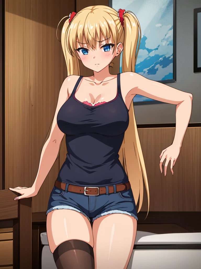 1girl, akizuki airi, blue eyes, blonde_hair, twintails, very_long_hair, she is wearing it in her hair_ornament red, hair_scrunchie red, medium_breasts, wearing a white tank top, some blue jean shorts, with a red belt, She is wearing thigh high stockings, 
She is sitting on the bed, Temptation to sit on a chair with open legs, ranking: explicit,
