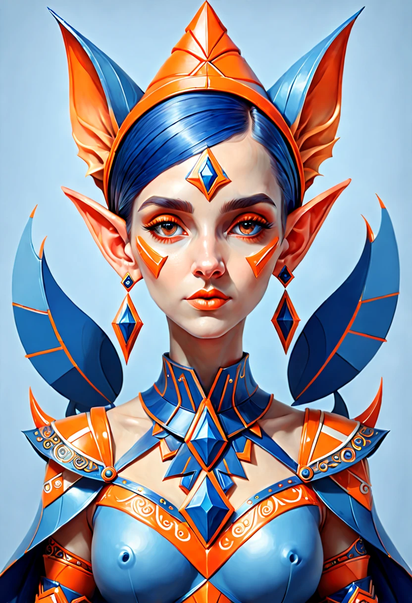 a Beautiful Elf, (Elf ear:1.4), Art Deco style retro illustration, in (adepta sororitaorder, oil paint, paint, high detailed, blue and orange colors, . geometric shapes, bold colors, luxurious, elegant, decorative, symmetrical, ornate, octane render, (best quality, masterpiece, Representative work, official art, Professional, 8k:1.3)